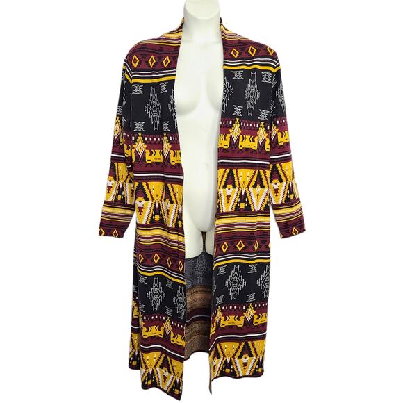 Womens Southwest Cardigan Duster Long 1X Aztec Midnight Velvet Black Maroon Gold - Picture 1 of 5